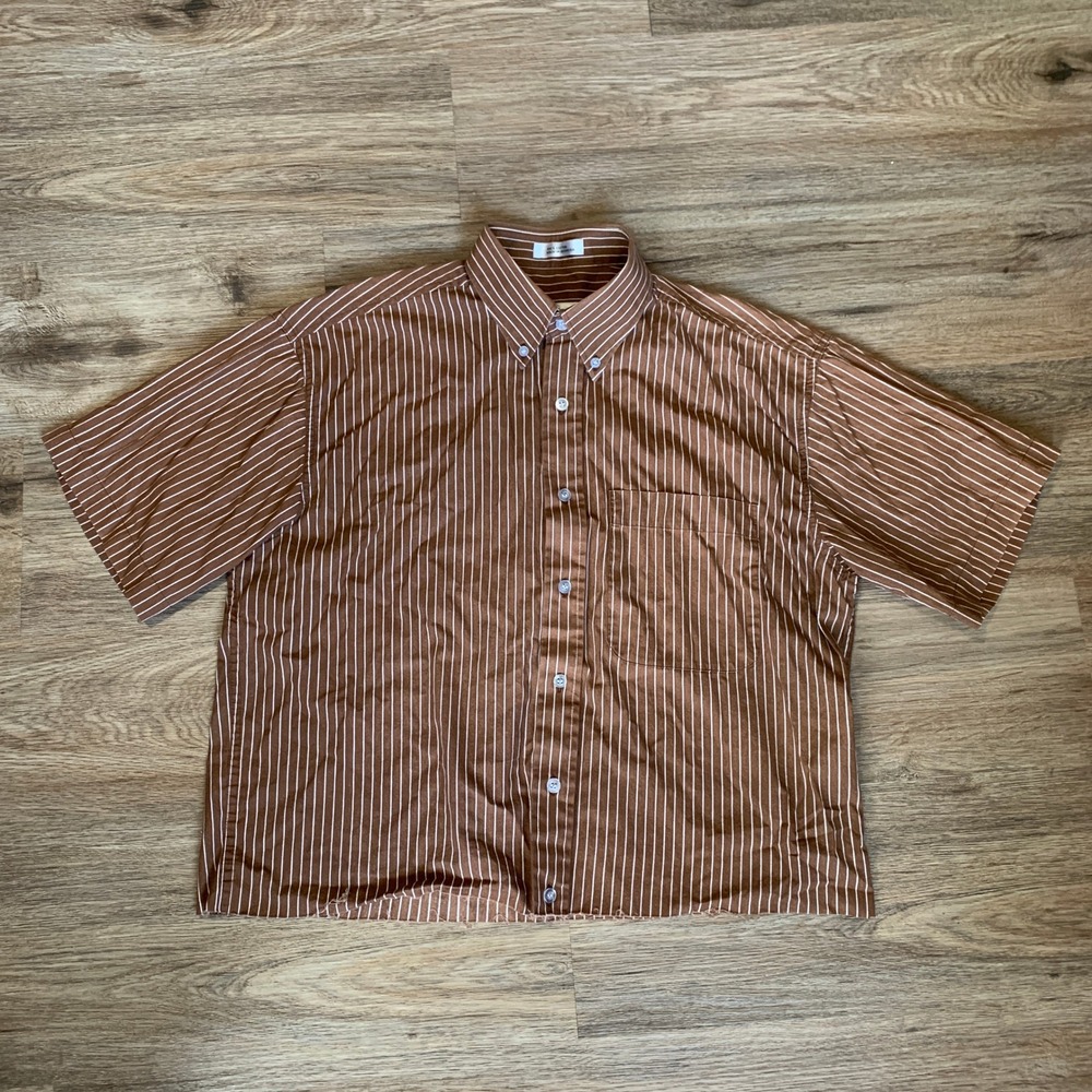 J.A. NIBBS Mens Brown White Striped Short Sleeve Cotton Cropped Button Down M